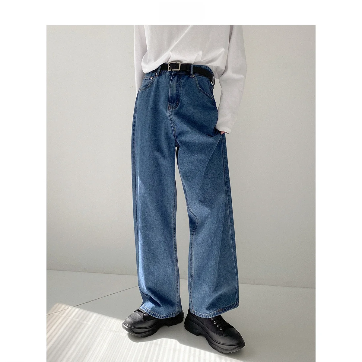 

Осенне-зимние мужские свободные прямые джинсы в стиле ретро, удобные универсальные длинные брюки с драпировкой, гонконгские широкие брюки