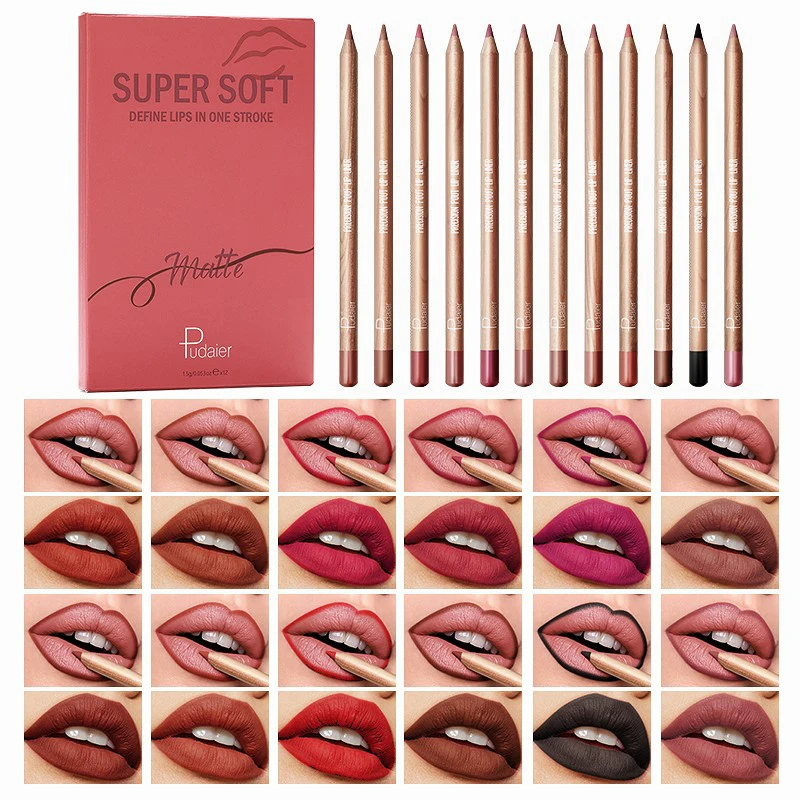 Pudaier Set di 12 matite per labbra multicolori opache impermeabili, regalo di San Valentino naturale a lunga durata, resistente al sudore