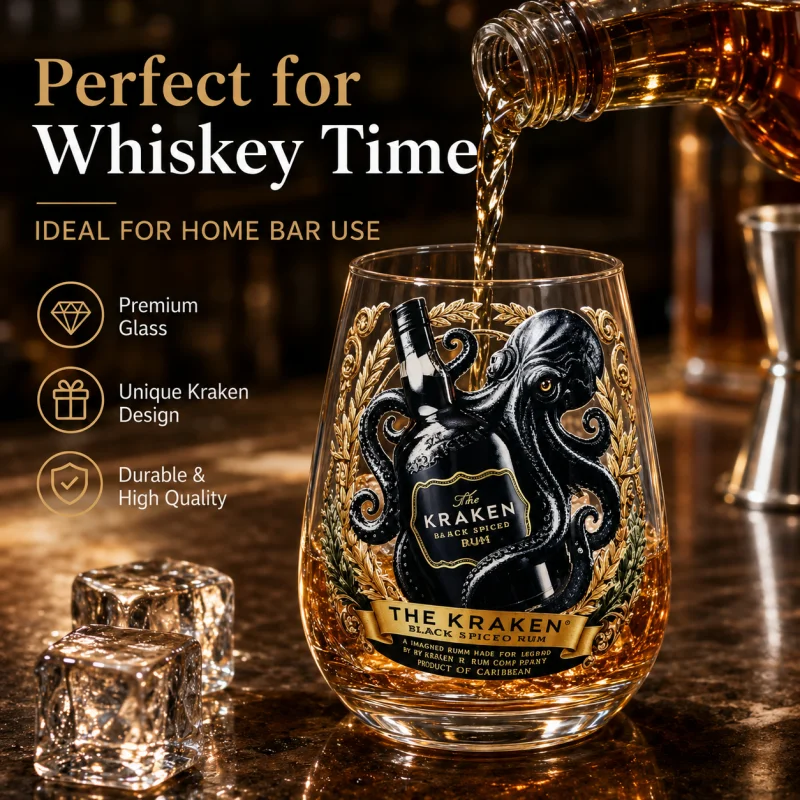 Kraken Octopus Pattern Whiskey Glass Sticker Craft Stemless Tumbler Clear Glass Cup for Home Bar Decor Gift Collection