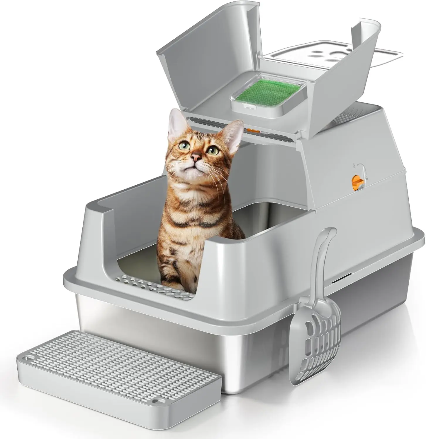 

Stainless Steel Cat Litter Box with Lid, XL Enclosed Design, Easy Cleaning Odor Control Non-Sticky Grey
