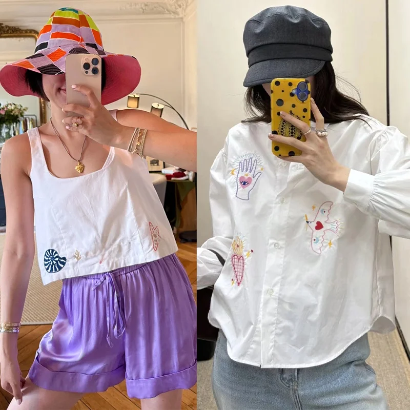 

Handmade Embroidered Heart ell Square Collar Strap irt Women's Cotton Long Sve Breathable ort Length French Sle