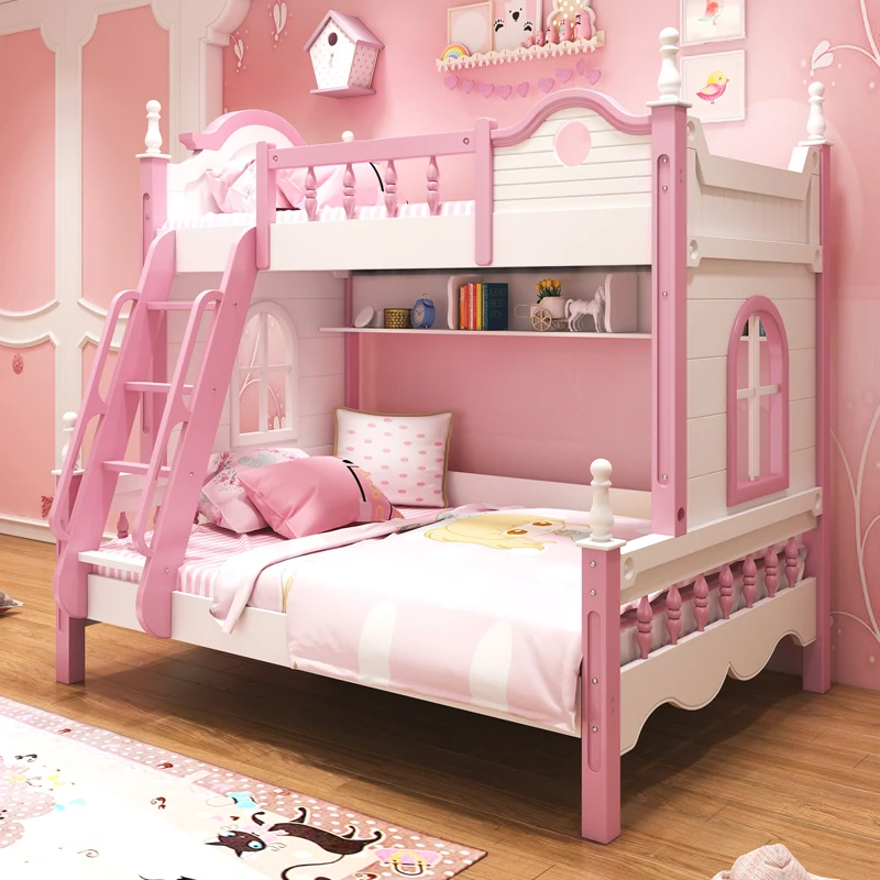 Upper and lower bunk beds, princess pink high and low beds, solid wood multifunctional bed combination bed