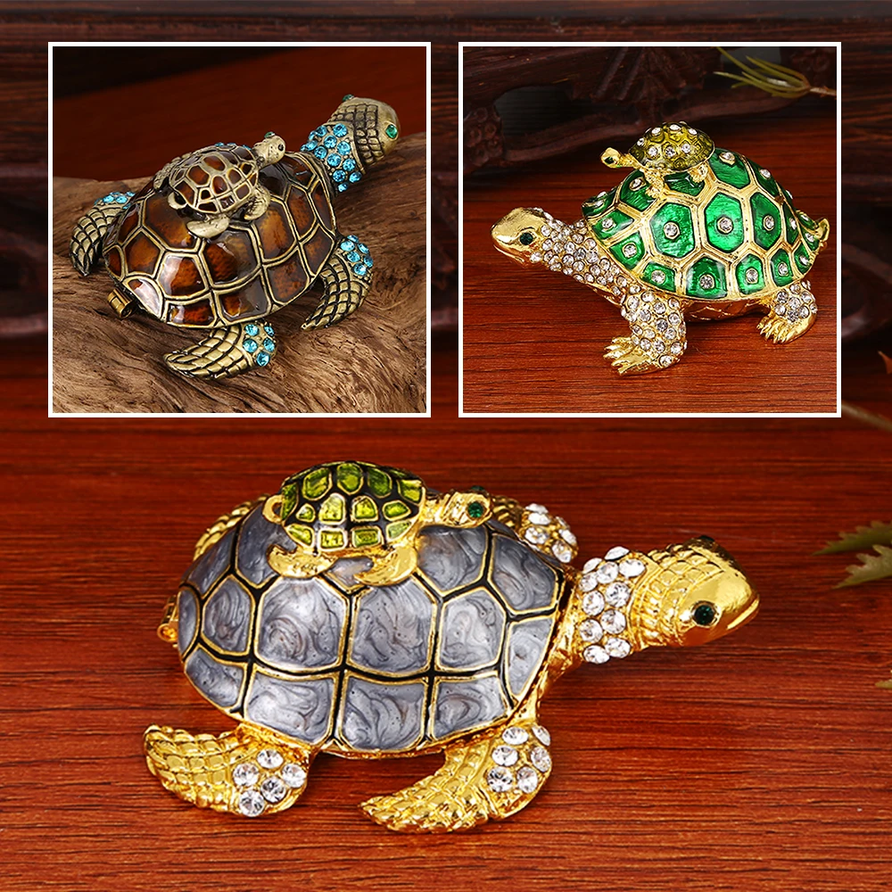 1pc Tortoises Trinket Box Vintage Enamel Rhinestone Jewelry Storage Case Handmade Makeup Tools Creative Gift Green/Purple/Brown