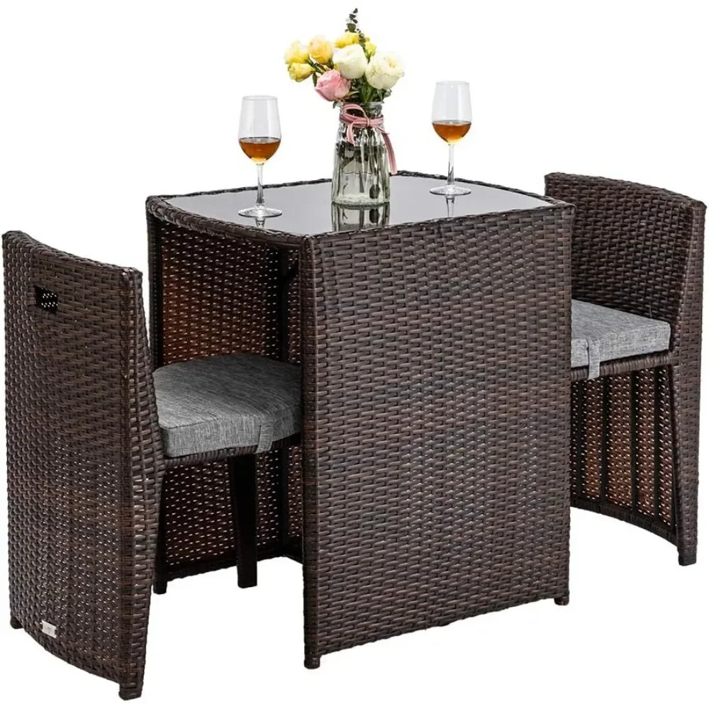 Outdoor Table, 3 PCS Wicker Outdoor Patio Set, with Glass Top Table Dining Chairs, Tables and Chairs Set of 2, Outdoor Table