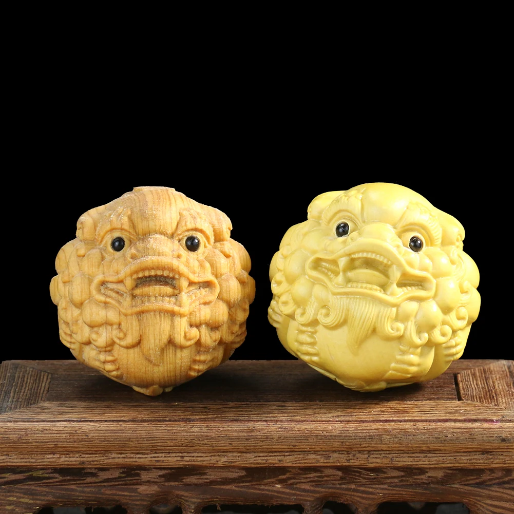 

1PC Hand-carved Boxwood Lion Head Pixiu Hand Massage Fitness Ball Solid Wood Animal Decoration Accessories Vintage Home Decor