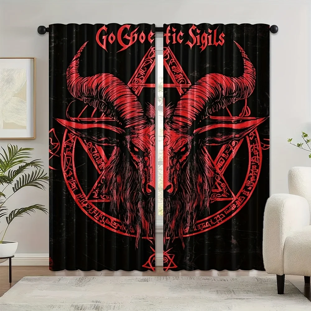 2PCS Digital Print Curtains, Satan Goat Skull, Day of the Dead Gothic