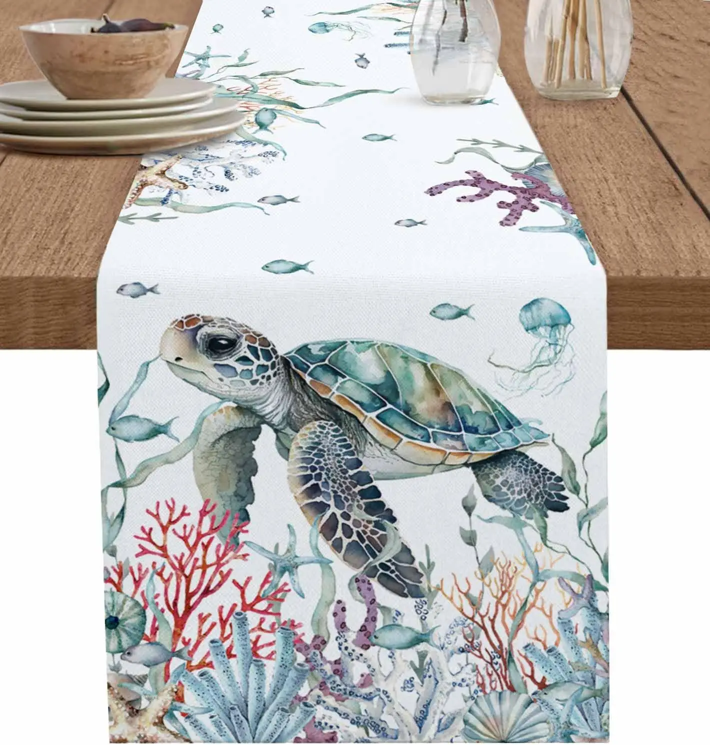 

Летняя льняная дорожка на стол с узором кораллов и морских водорослей, декоративная, моющаяся, для кухни, столовой, праздников и вечеринок