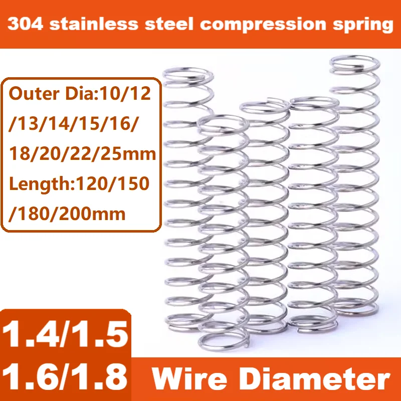 304 stainless steel compression spring,WireDia1.4/1.5/1.6/1.8mm,Outer Dia10/12/13/14/15/16/18/20/22/25mm,Length120/150/180/200mm