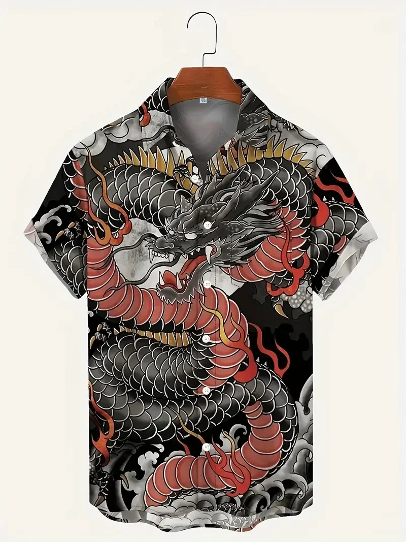 Men\'s fashionable Hawaiian lapel pattern shirt, fashionable ink animal Chinese dragon pattern print suitable for summer vacation