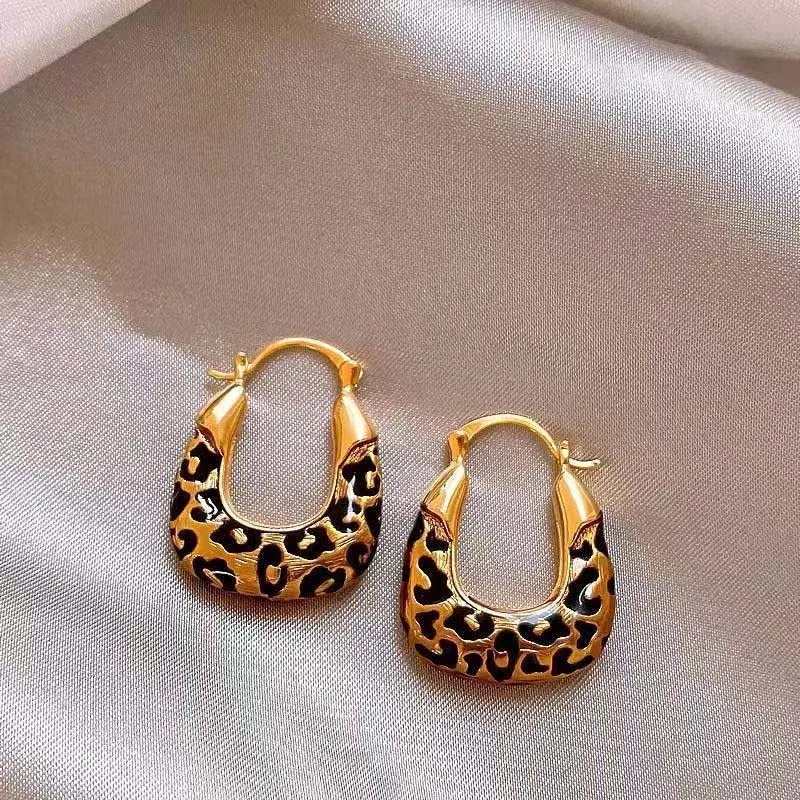 Vintage Leopard Print U-Shaped Hoop Earrings For Women Coffee Color Party Earrings Women's Daily Jewelry