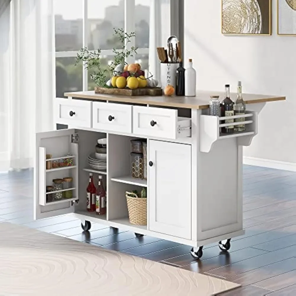 Kitchen Cart with Drop-Leaf Rubber Wood Countertop, Mobile Kitchen Island on 5 Wheels Storage Cabinet and 3 Drawers