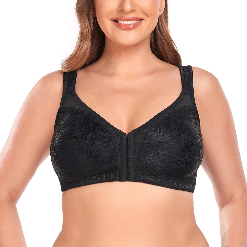 Sutiã não acolchoado sem forro de renda floral para mulheres, fechamento frontal, jacquard, cobertura total, underwire, racerback, lingerie, plus size, 34-50