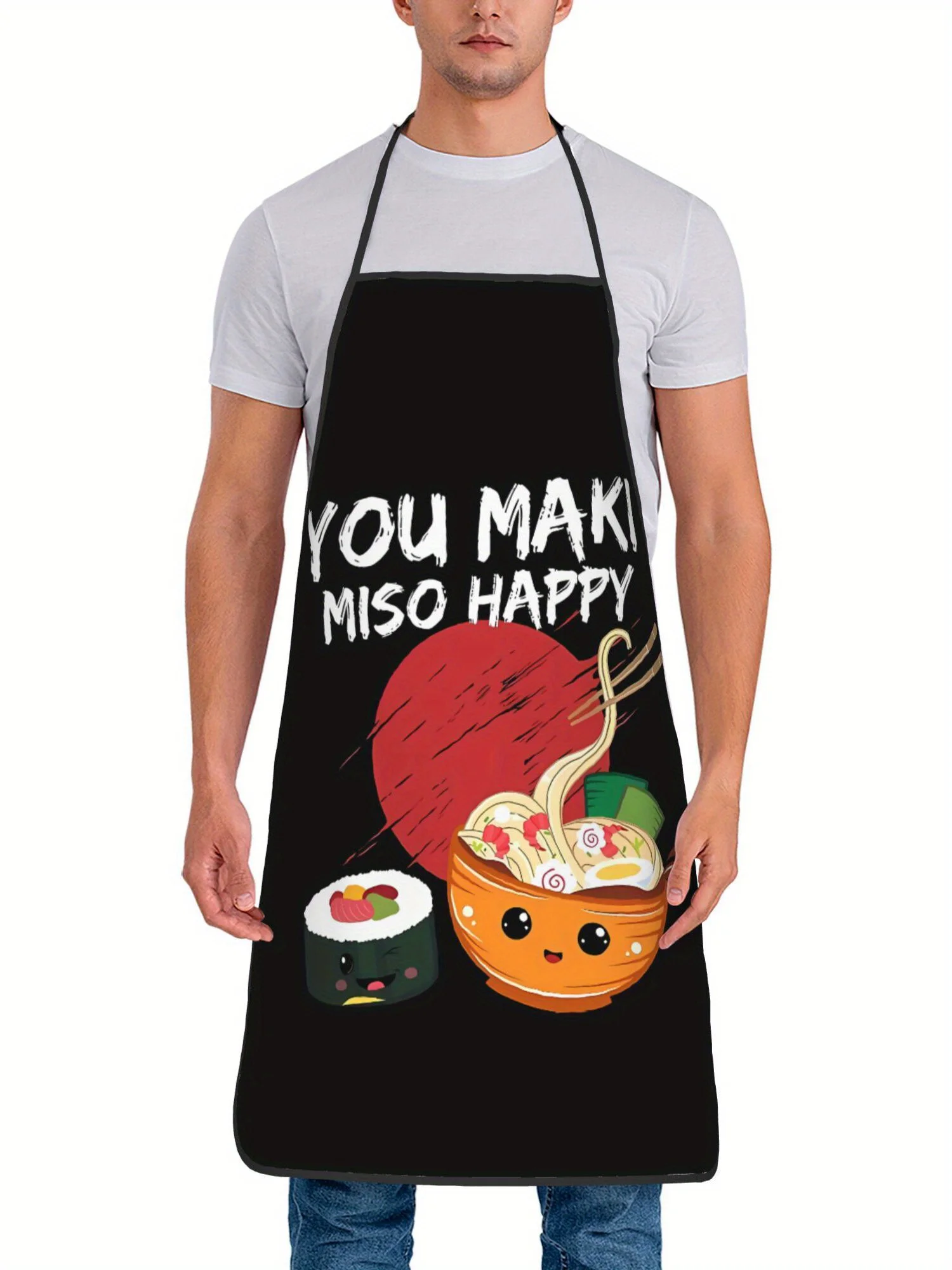 

Japanese Cooking Apron - Cute Sushi Ramen Print with "YOU MAKI MISO HAPPY" Text - Kitchen Apron for Home Chefs, Restaurants