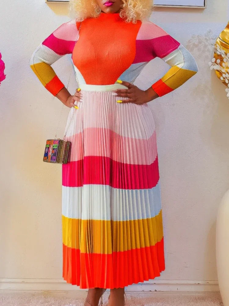 

Fall Long Sleeve 2 Piece Sets Women Outfits Stand Collar Pleated A Line Skirts Causal Elegant Strip Printed Dress Sets Office