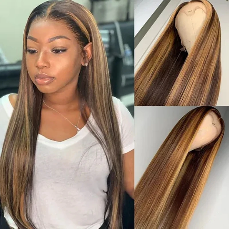 4/27 Ombre Bone Straight 13x6 Hd Lace Frontal Wig Highlight Colored 13x4 Transparent Lace Front Human Hair Wigs