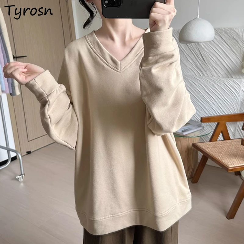 

Solid Sweatshirts Women Loose Fashion All-macth Korean Style V-neck Simple Leisure Female Streetwear Autumn Winter Students Chic