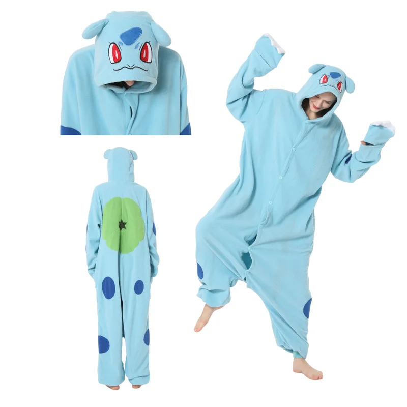 Po kemon Cartoon Jumpsuit Couple Anime Costume Polar Fleece Jumpsuit Pikachu Gengar Squirtle Psyduck Pajamas Halloween Costume