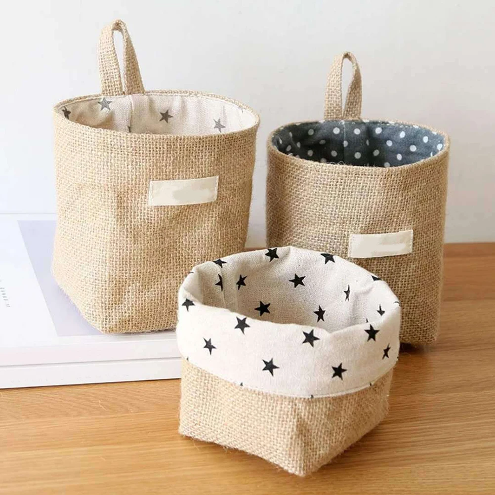 

2 Pcs Storage Baskets Cotton Linen Gray Star Beige Dots Multi Decor Laundry Toy Bins Durability Eco Friendly