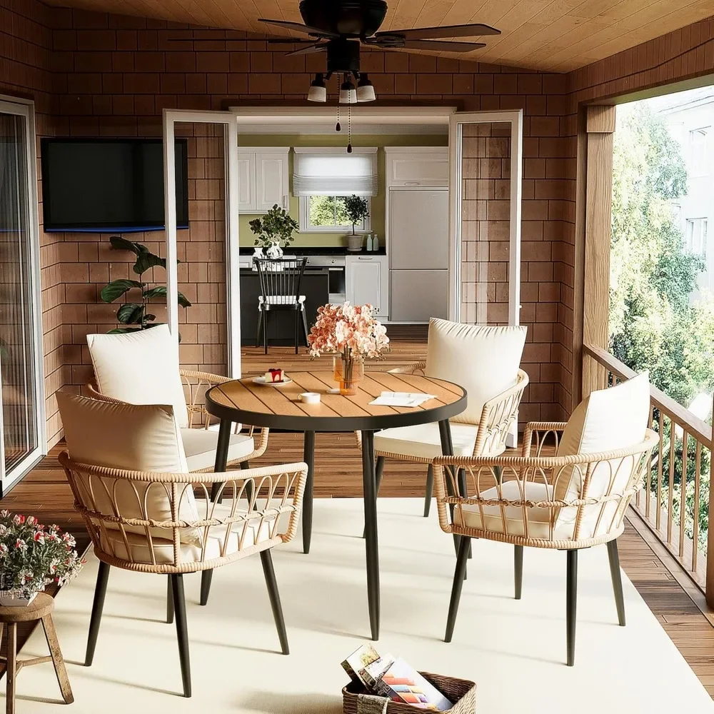 Outdoor Table and Chairs with R,5 Pieces Patio Dining Set,All-Weather PE Rattan Patio Furniture Set with Wood Table Top