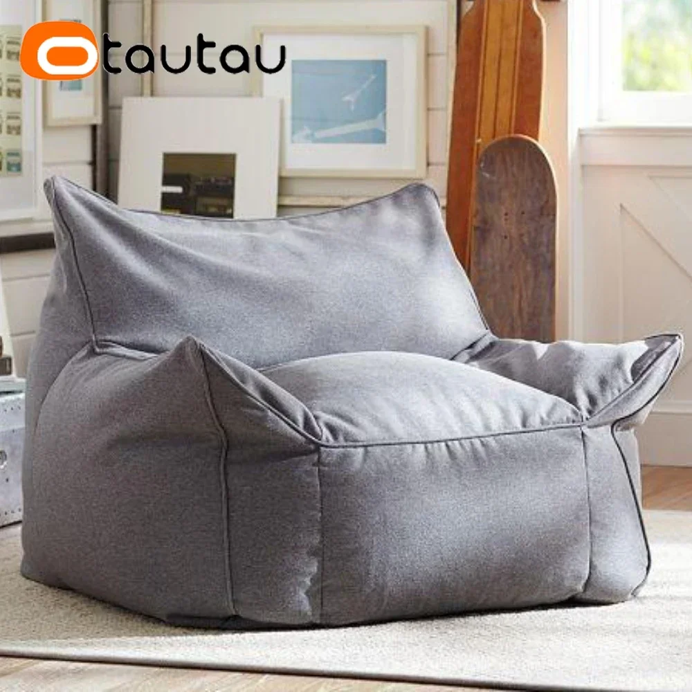 OTAUTAU Adults Thick Cotton Linen Bean Bag Cover Without Filler Floor Sofa Couch Armchair Lazy Beanbag Chair with Ottoman SF159