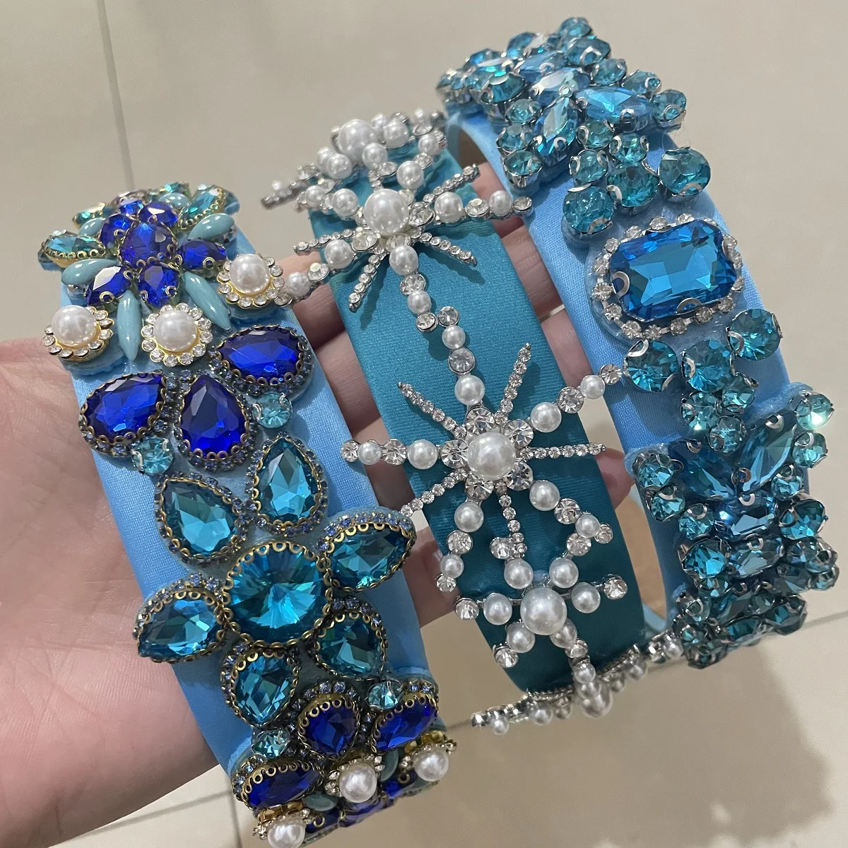 

Blue Rhinestone Headband Korean Style Wide Edge Baroque Hair Hoop Hair Accessories Crystal Hairband Bride Tiaras Wedding Party