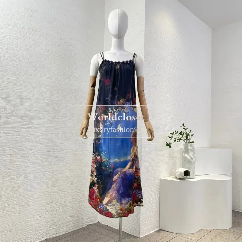 

Women's Silk Blue Balck Girl Flower Print Sleeveless Beads Midi Dresses for Party New Fashion Style