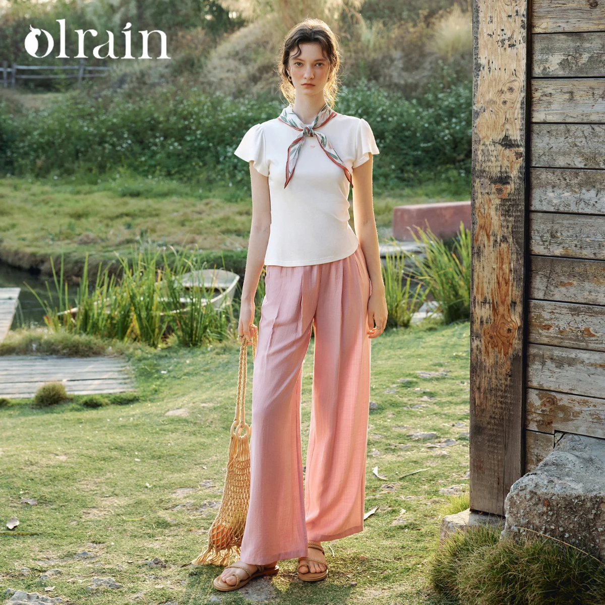 

OLrain Casual Fashion Two-Piece Set Women White Asymmetrical Hem Slim Top Pink Straight Pant Versatile Office Outfit O58XE005199