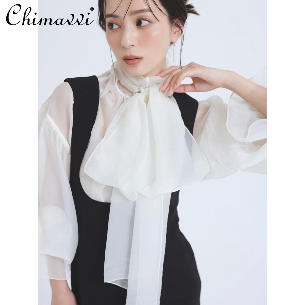 

2024 Autumn New Fairy Sweet Big Bow Tie Semi-turtleneck Transparent Shirt Japanese Long-sleeved Loose Temperament Lolita Tops