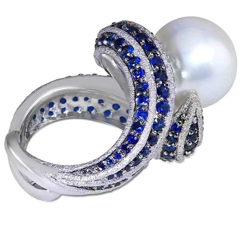 Huitan Übertreibung Persönlichkeit Frauen Ringe unregelmäßig geformt voll mit blauen cz Imitation Perle Eheringe heißen trend igen Schmuck