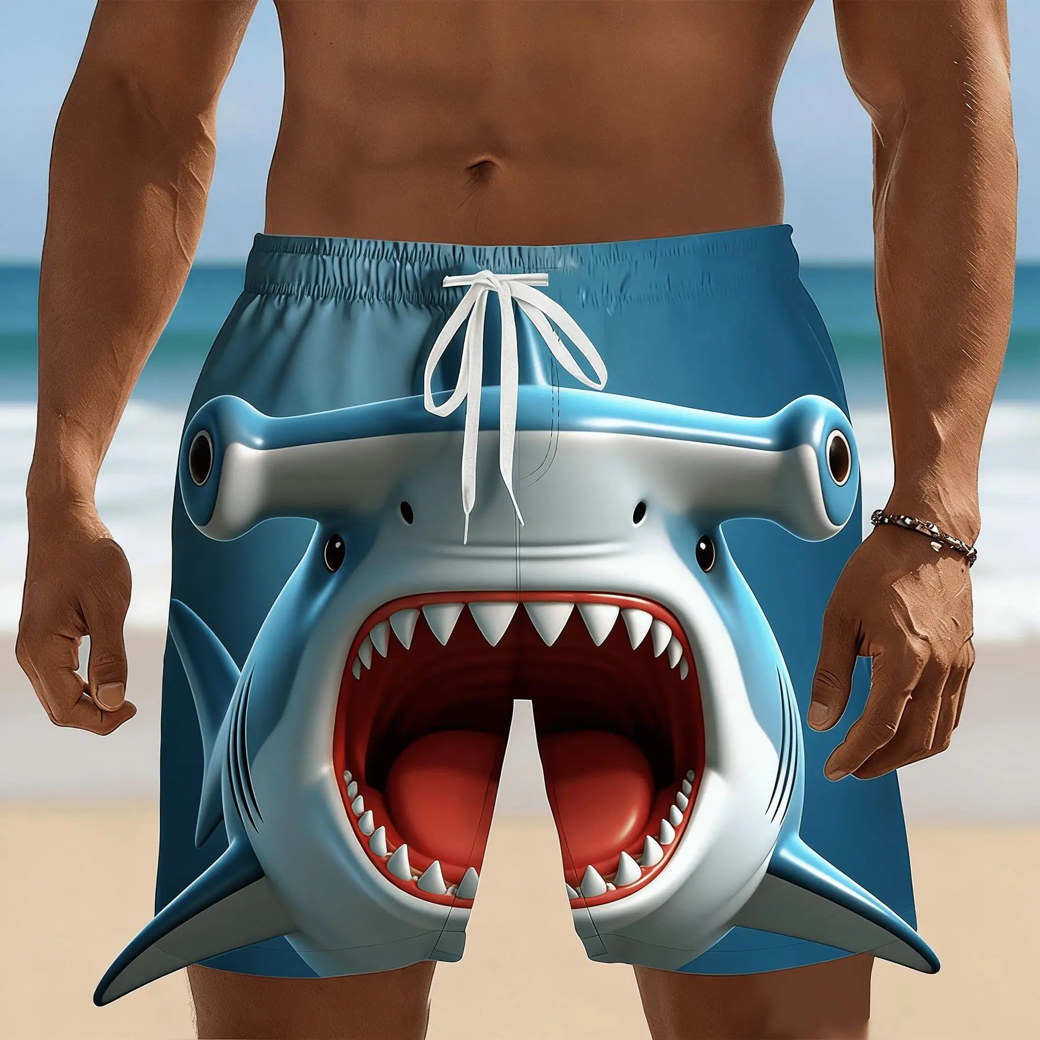 Men's Sea Animal Mouth Print Drawstring Shorts, Spring Summer Cool Ocean Style Casual Shorts, Loose Beach Shorts