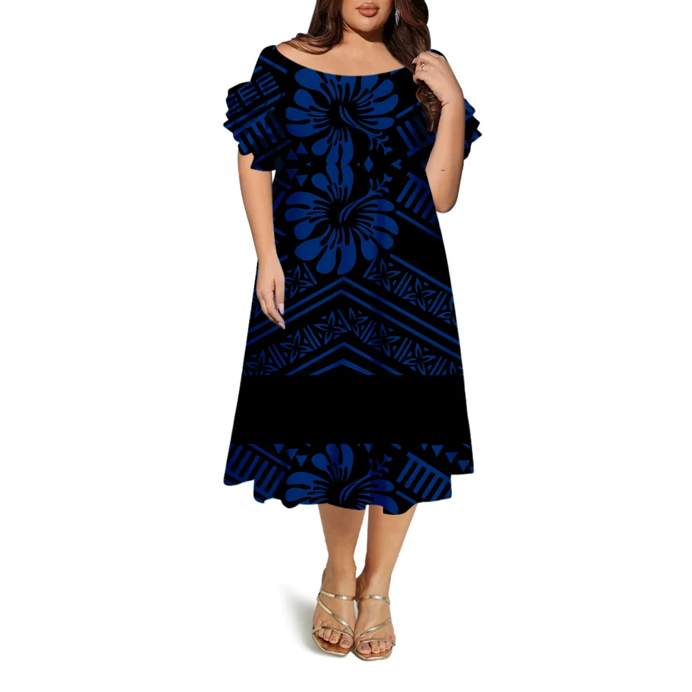 Novo estilo polinésia feminino vestido longo de manga curta vestido de um ombro padrão floral em camadas plissado fora do ombro vestido