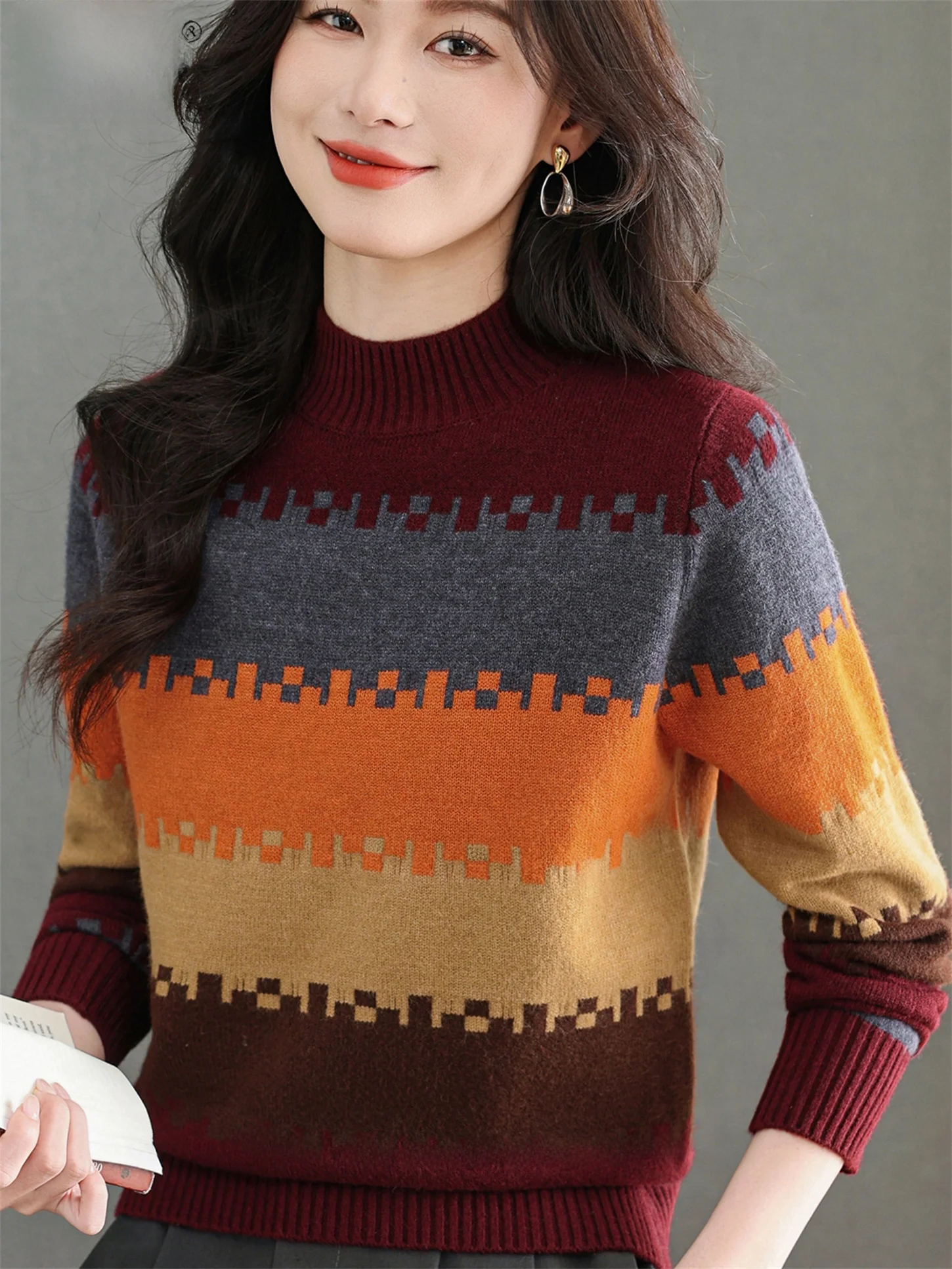 

Вязаный свитер V-Ne, цветной дизайн, теплый модный базовый слой, топ для среднего возраста и ли, геометрический ретро-сле