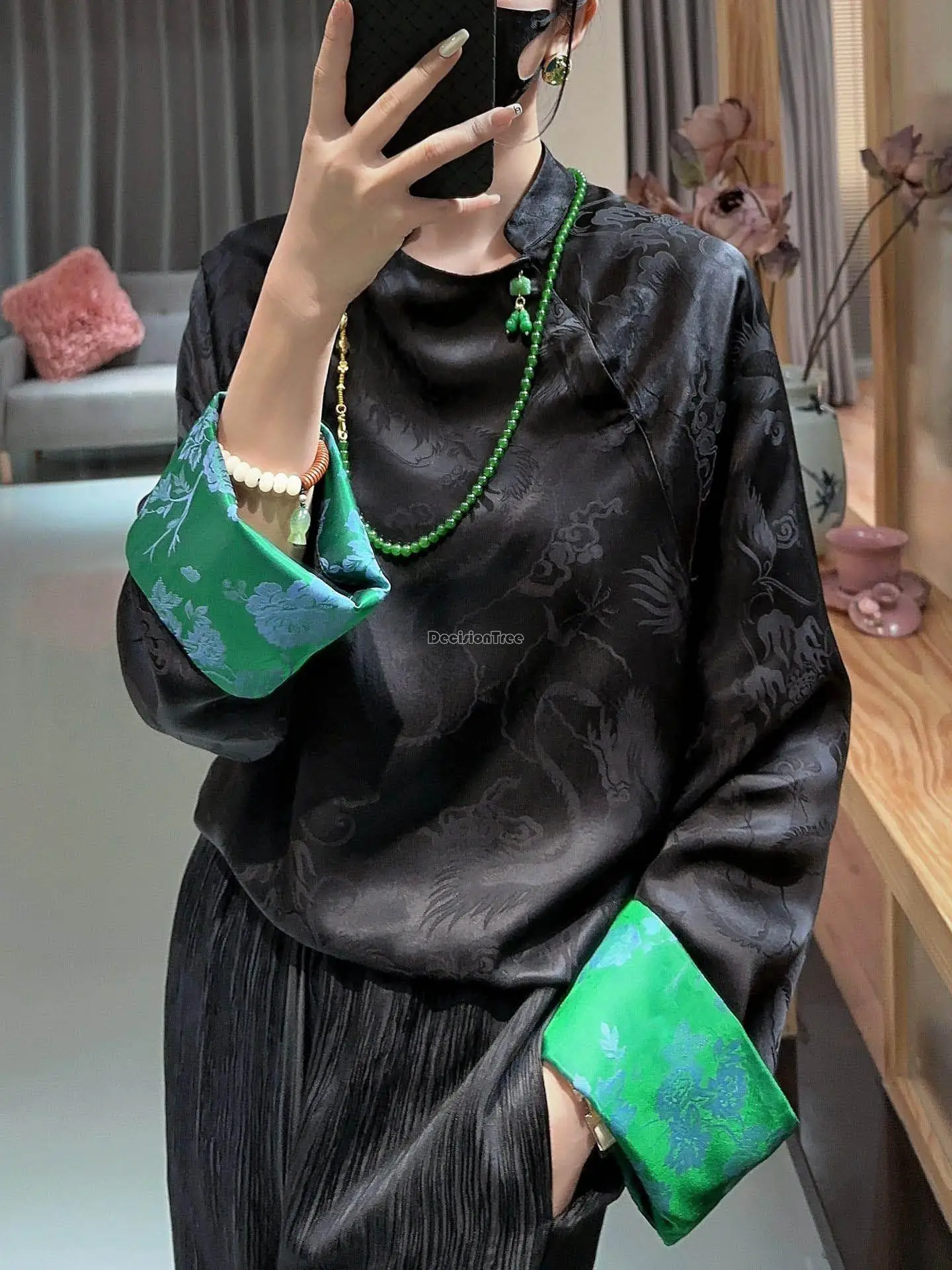 2024 chinese traditional blouse women vintage clothing women long sleeves cheongsam blouse floral lady daily black tangsuits top