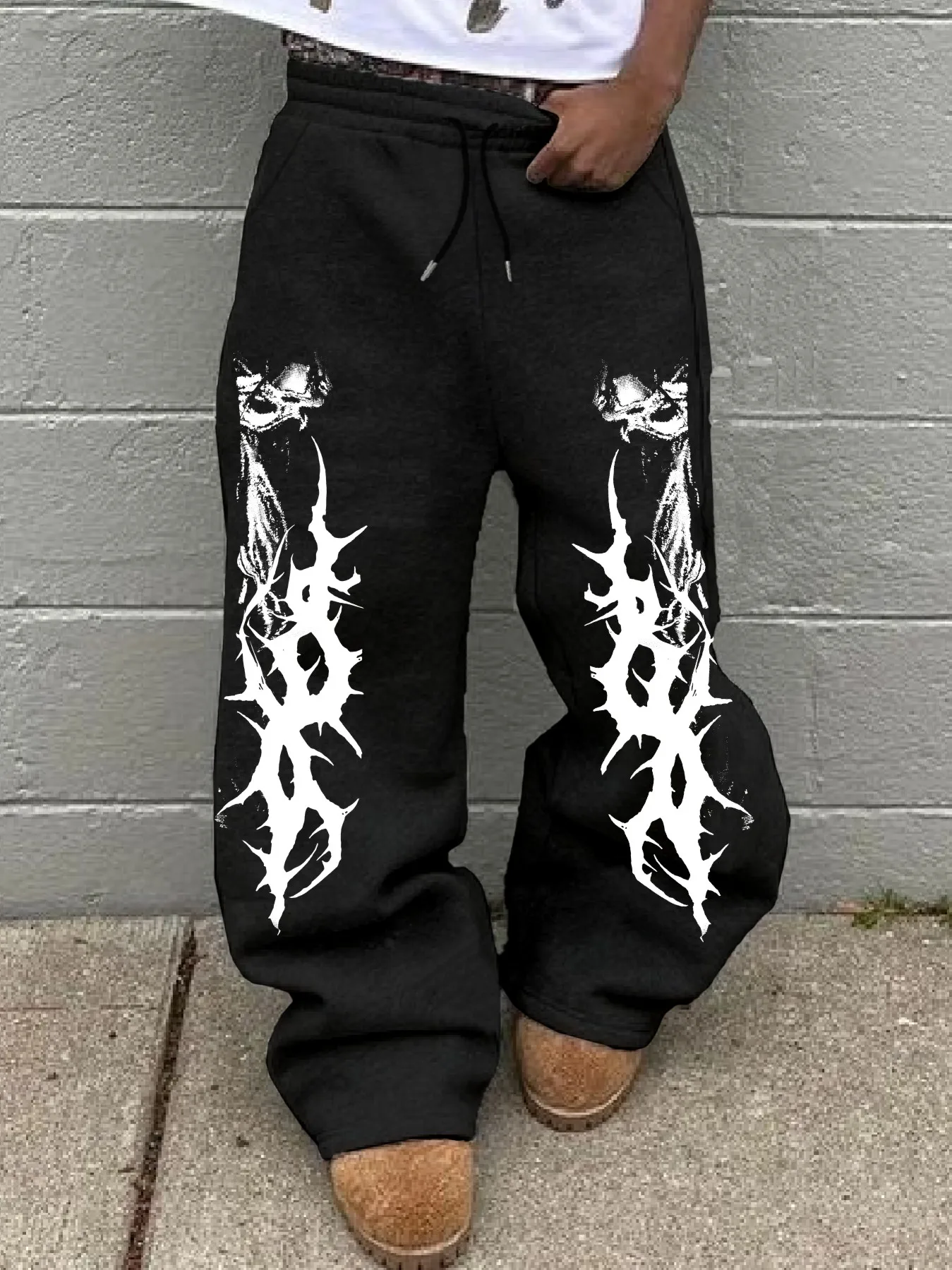 Pantalones deportivos de forro polar para hombre, de corte recto, con estampado de calavera y espinas, informales, elegantes y versátiles, ideales para practicar deportes y para el uso diario.