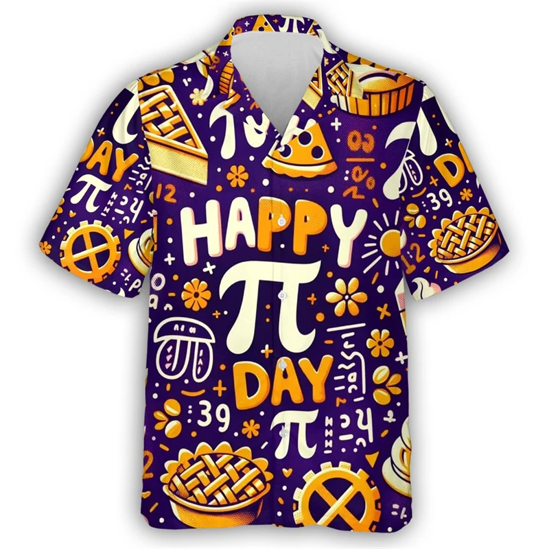 Camisa 3D estampada para homens Pi Day Math, streetwear de manga curta, roupas de estudante casuais, blusa de lapela de professor