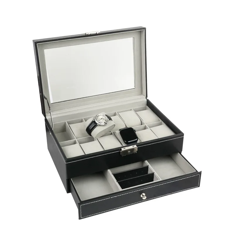 Large-Capacity Pu Leather Watch Case Glass Display Watch Storage Drawer-Type Partition Removable Jewelry Storage Box