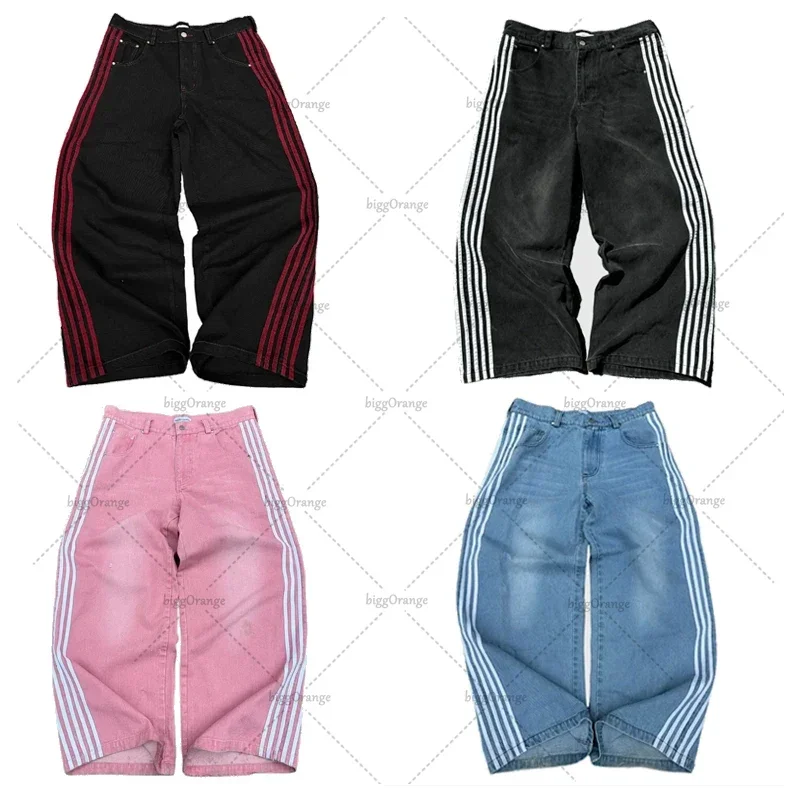 American Retro Striped Baggy Washed Jeans Harajuku Y2K Streetwear Trousers Men Colorful Personality Casual Straight Pants Women