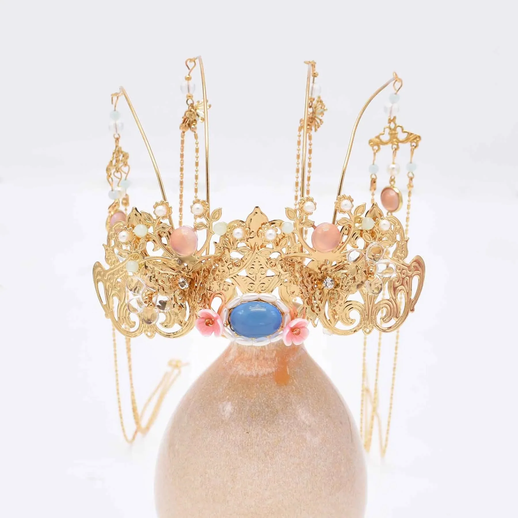 Metal Carving Long Tassel Headwear For Women Chinese Hanfu Crown Headdress Blue Stone Crystal Pearl Flower Jewelry Accessory