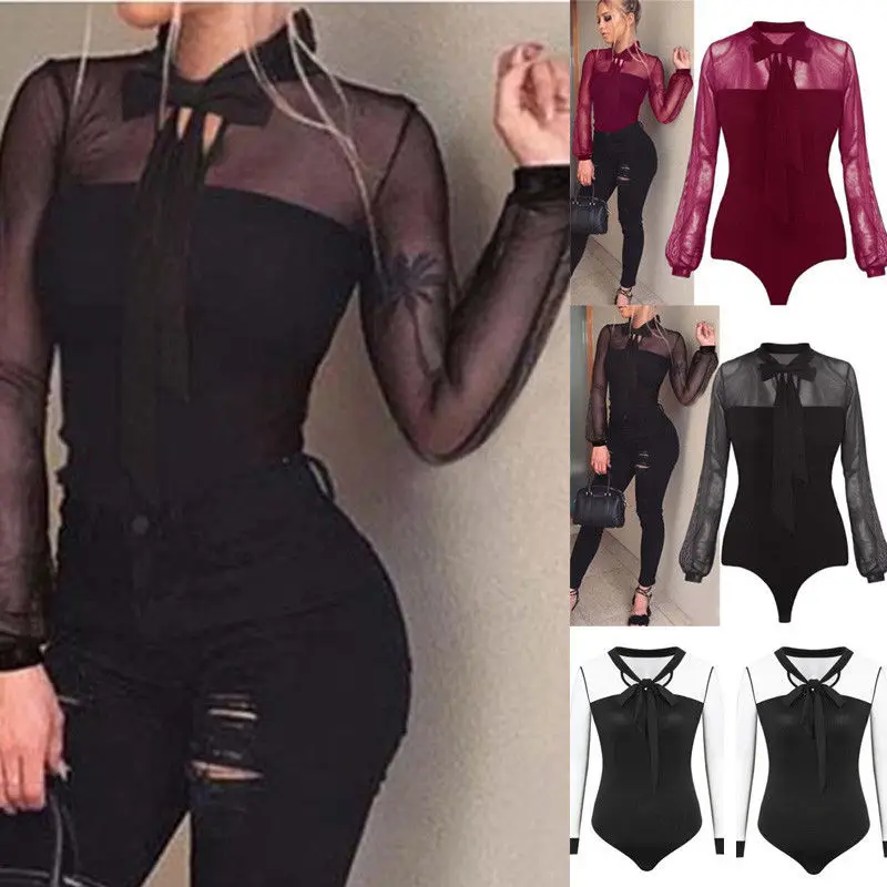 New Fashion Hot Sexy ladies Long Sleeves tulle  Bodysuit Leotard Sleepwear Tops Jumpsuit Patchwork