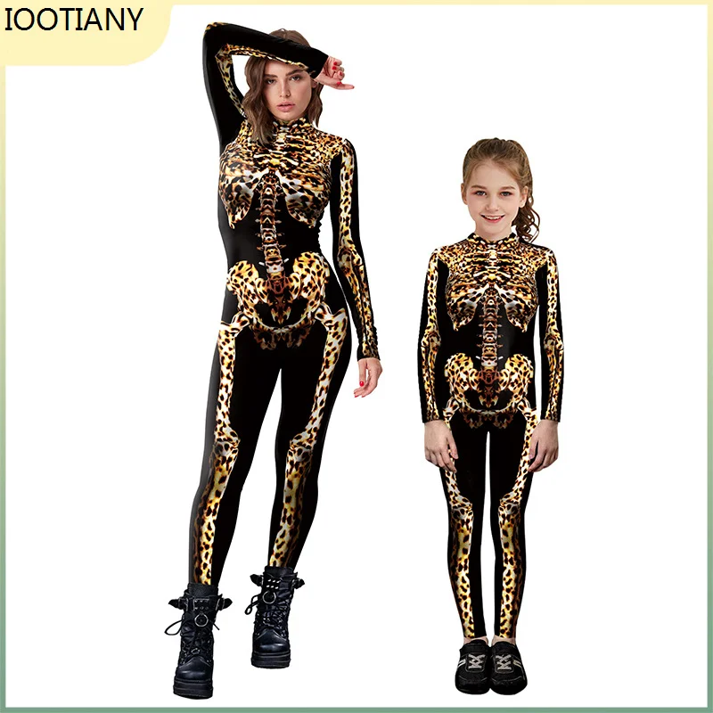 

IOOTIANY 2024 Fashion Leopard Skeleton Cos Jumpsuit 3d Digital Printed Bodysuit Carnival Parent-child Catsuit