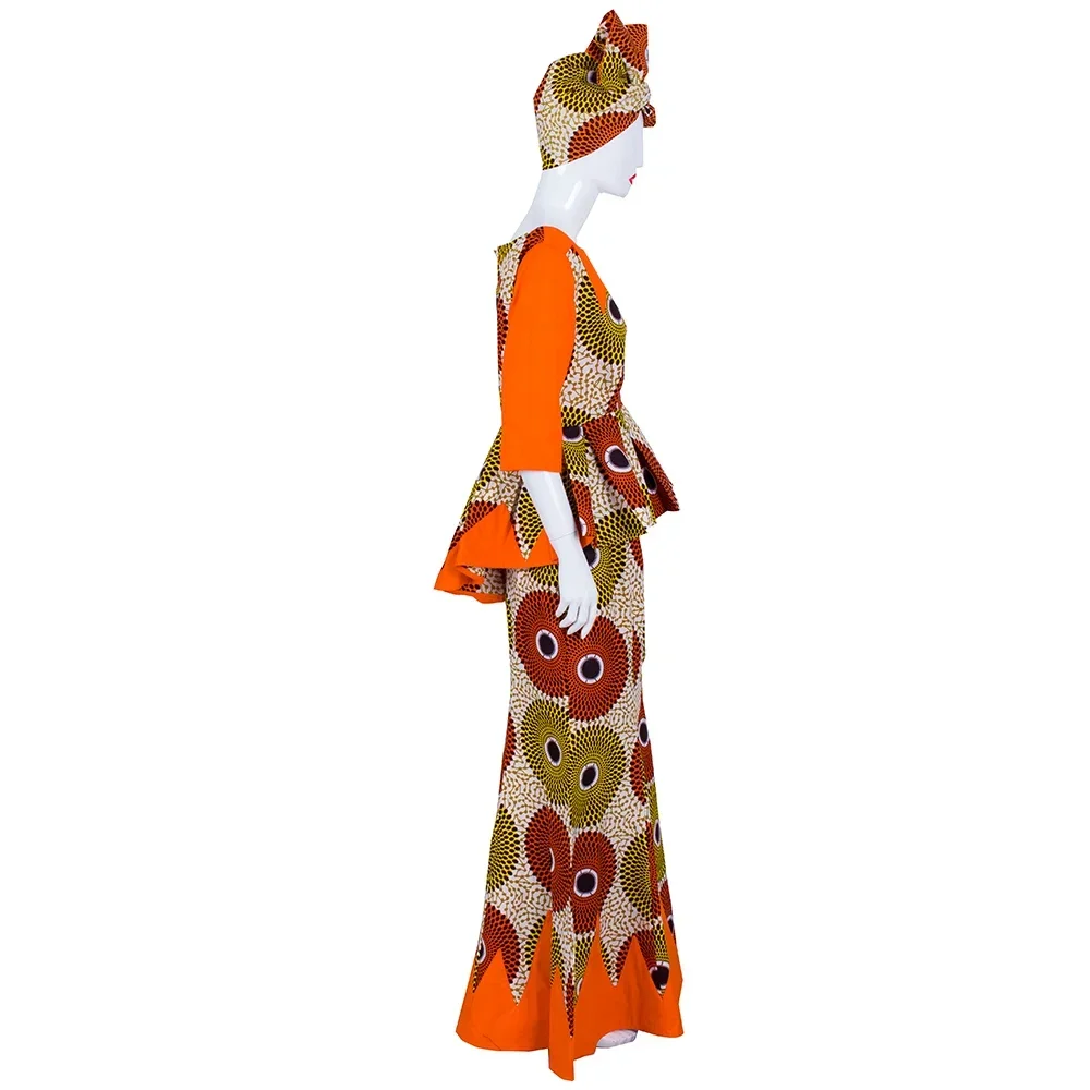 Bintarleawax African Women Skirt Set Dashiki Cotton Crop Top and Skirt Set+Head Scarf Women Suits Outfits WY1437 image 3