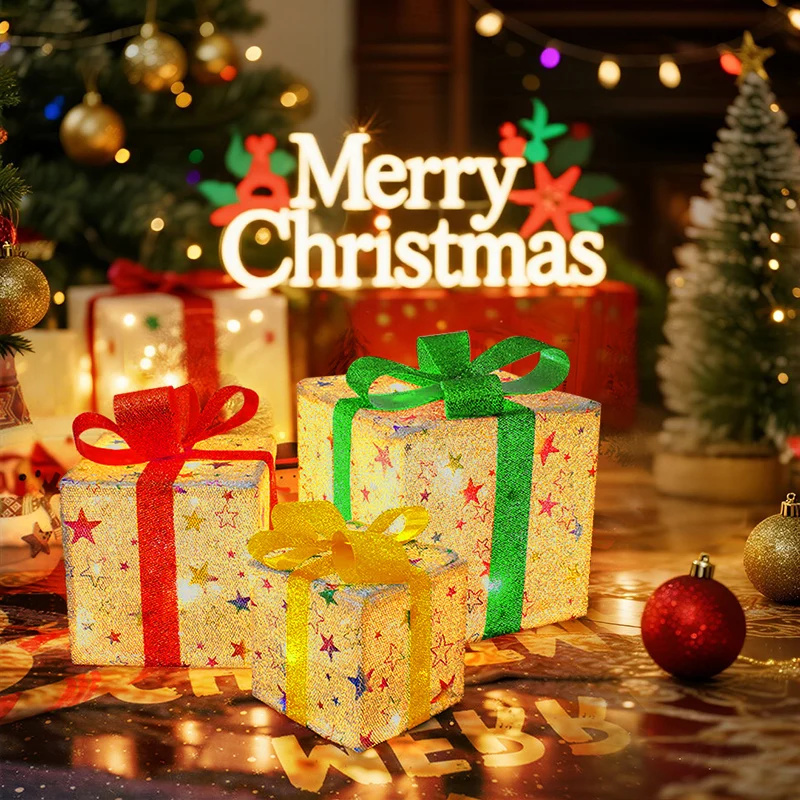 Set of 3 Lighted Christmas Present Boxes, LED Glowing Gift Box Decor with Colorful Star Pattern Sparkly Bows Battery Powered