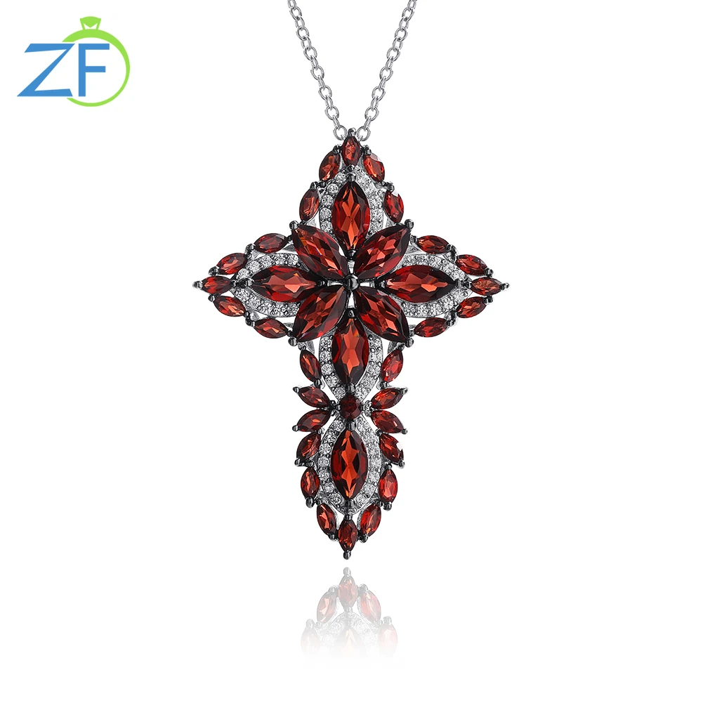 

GZ ZONGFA Garnet Cross Rhodium Plated Red Gem Pendant 925 Sterling Silver Necklace Jewelry for Men and Women Accessoriess