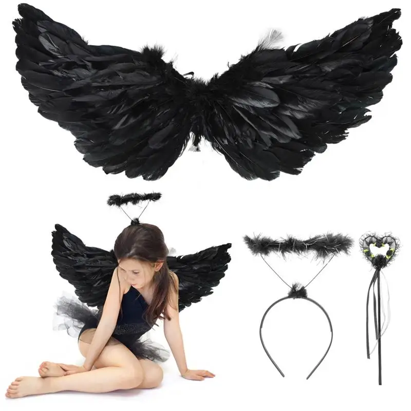 Ailes d'Ange Noires et Halo pour Enfant, Costume de Cosplay d'Halloween avec Plumes