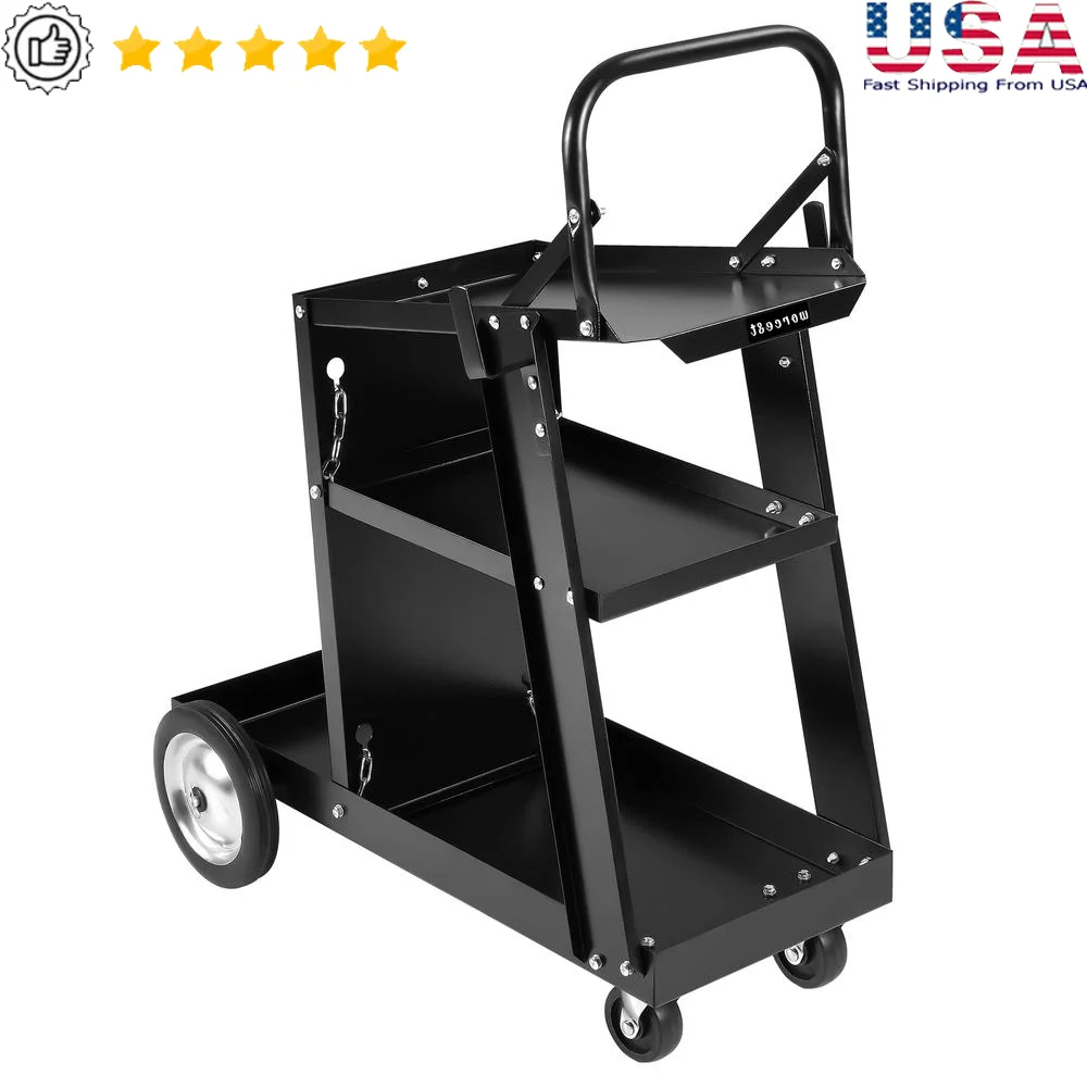 3-Tier Welding Cart Heavy Duty Rolling Welder Carts Cable Hook Tank Storage Safety Chain Tig Mig Welder Plasma Cutter Transport