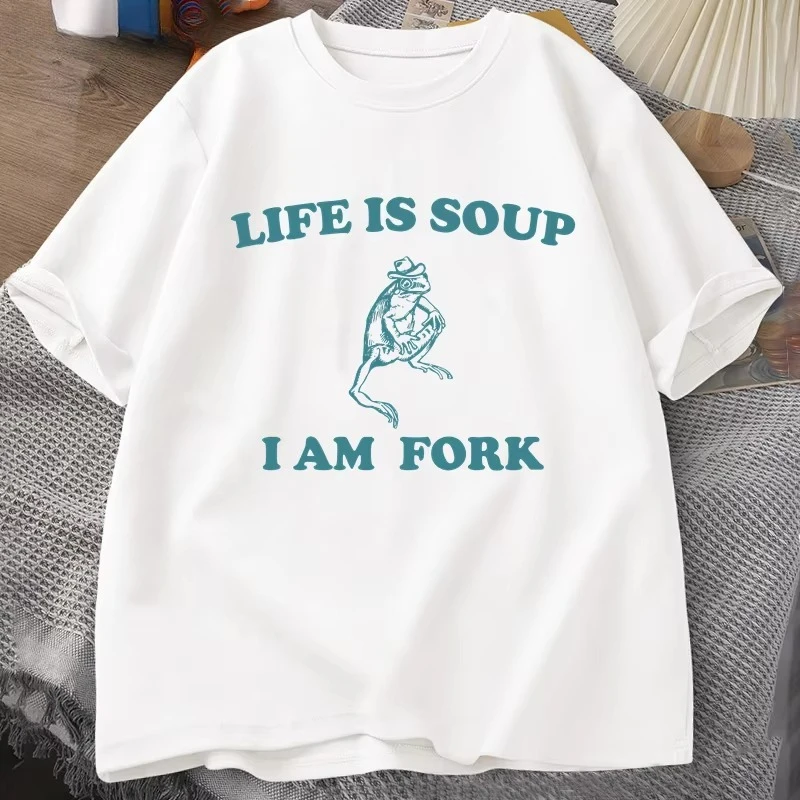 Life Is Soup I Am Fork Frog Grafik-T-Shirt aus Baumwolle, Unisex, lustiges Retro-T-Shirt, Sommer-Tier-Print-T-Shirt, Frosch-Meme-T-Shirts, Oberteile