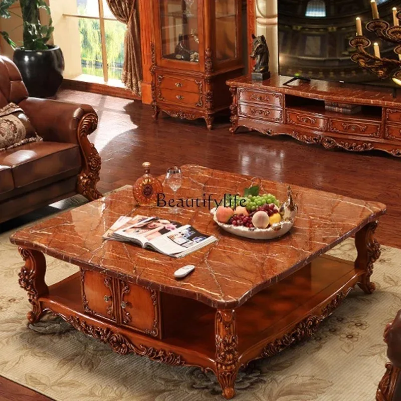 

yj9European square marble coffee table solid wood carving flower living room American luxury coffee table