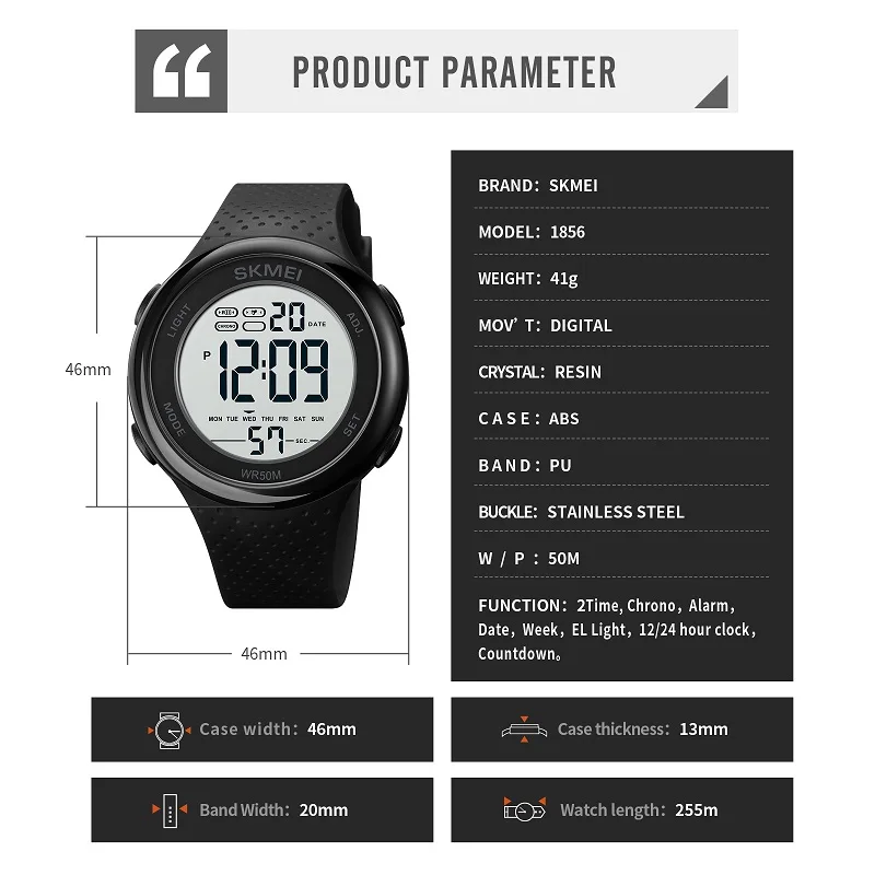 SKMEI Fashion LED Electronic Sport Watches Count Down Stopwatch Clock 5Bar Waterproof Men Wristwatch montre homme Watch 1856