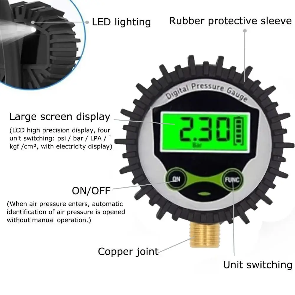 ใหม่ LCD Backlight เครื่องวัดความดันยางแบบดิจิตอลจอแสดงผล LED 1/4 Air PSI เมตร 1/8NPT 250 PSI เครื่องทดสอบยางรถ