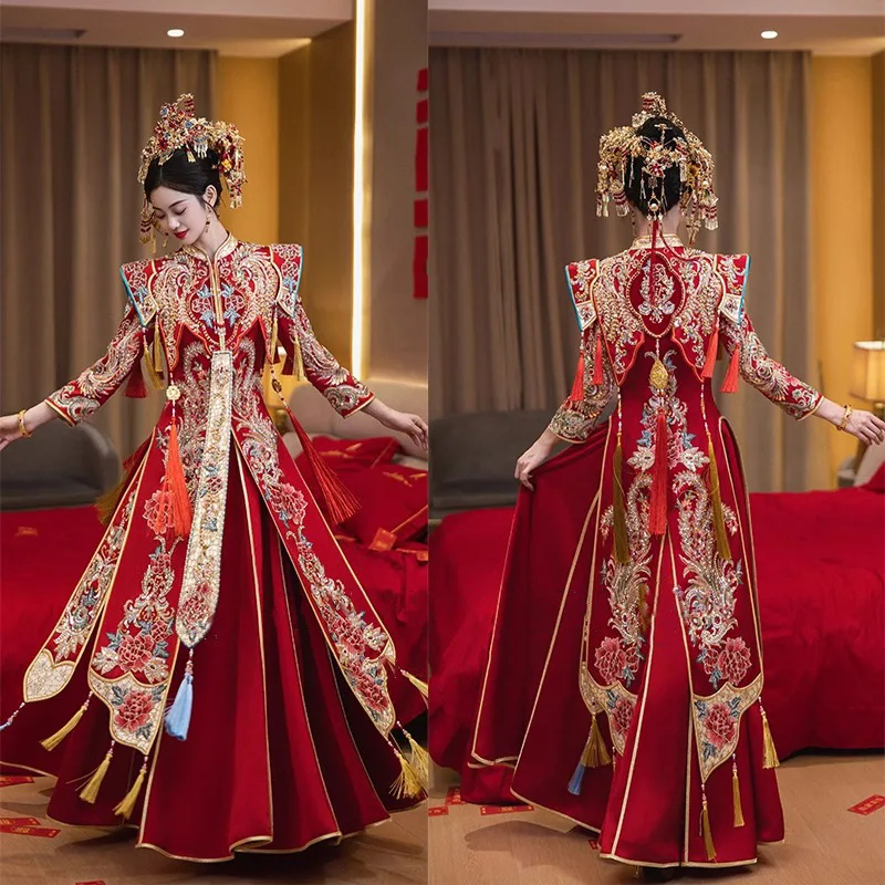 Cheongsam Oriental Vintage Toast Exquisite Phoenix Stickerei Heiraten Kleidung Traditionelle Chinesische Braut Quasten Hochzeitskleid